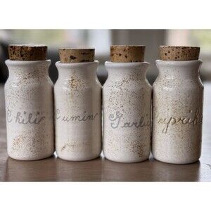 Spice Jars Set of 4 Stoneware Cork Top Pottery Beige Brown 3 3/4" tall Vintage
